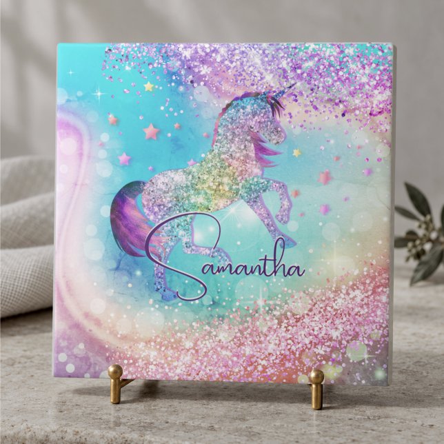 Cute unicorn pink Glitter rainbow aqua monogram Tile (Creator Uploaded)