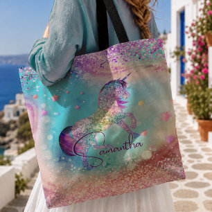Cute unicorn pink Glitter rainbow aqua monogram Tote Bag