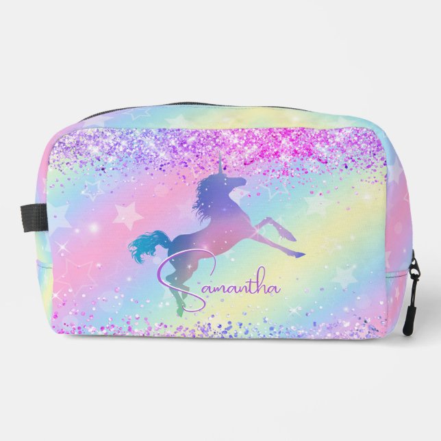 Cute unicorn pink Glitter rainbow art monogram Dopp Kit (Front)