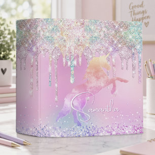 Cute unicorn pink Glitter rainbow Drips monogram Binder