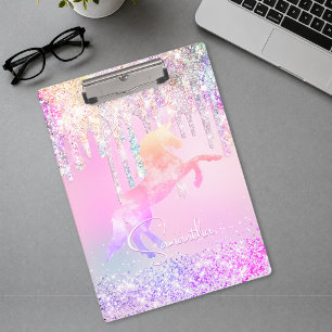 Cute unicorn pink Glitter rainbow Drips monogram Clipboard