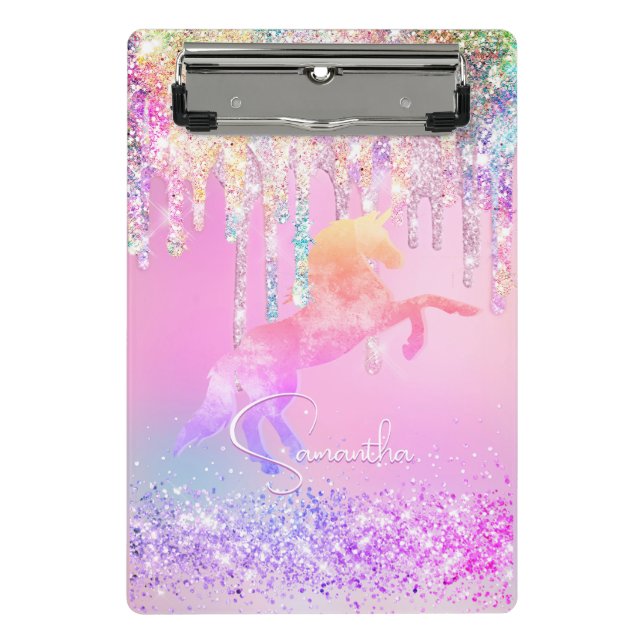 Cute unicorn pink Glitter rainbow Drips monogram Mini Clipboard (Front)