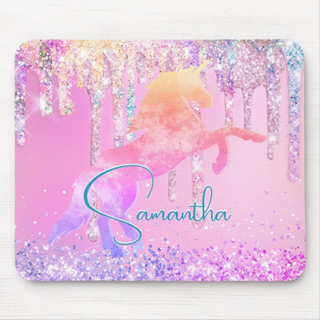 Cute unicorn pink Glitter rainbow Drips monogram Mouse Pad (Front)