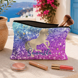 Cute unicorn pink Glitter rainbow gold monogram Accessory Pouch