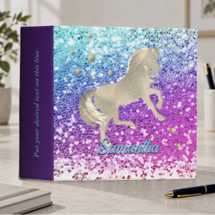 Cute unicorn pink Glitter rainbow gold monogram Binder