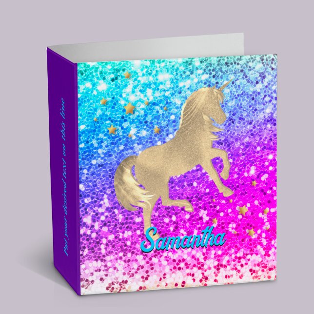 Cute unicorn pink Glitter rainbow gold monogram Binder (Creator Uploaded)