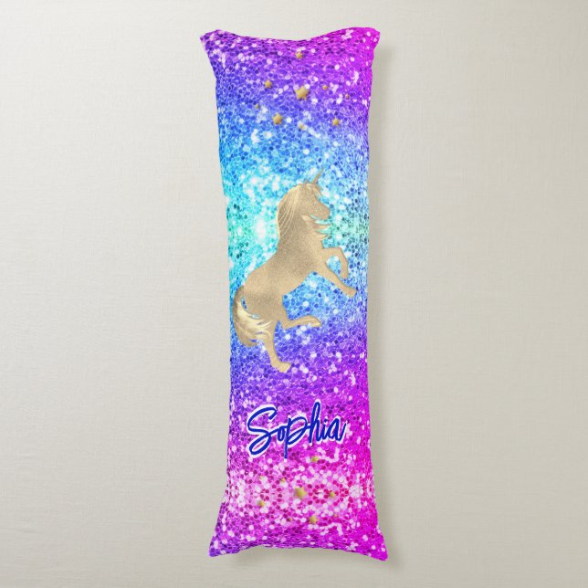 Cute unicorn pink Glitter rainbow gold monogram Body Pillow (Front Vertical)