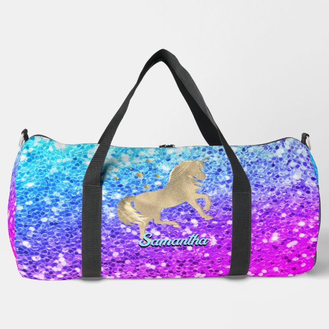 Cute unicorn pink Glitter rainbow gold monogram Duffle Bag (Front)