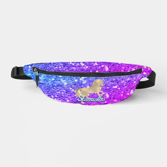 Cute unicorn pink Glitter rainbow gold monogram Fanny Pack (Front)