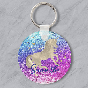 Cute unicorn pink Glitter rainbow gold monogram Keychain