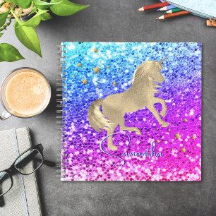Cute unicorn pink Glitter rainbow gold monogram Notebook