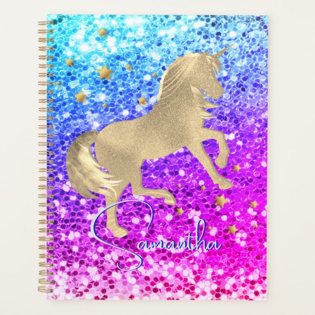 Cute unicorn pink Glitter rainbow gold monogram Planner (Front)