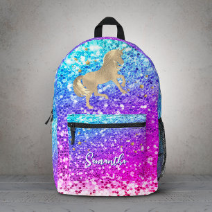 Cute unicorn pink Glitter rainbow gold monogram Printed Backpack