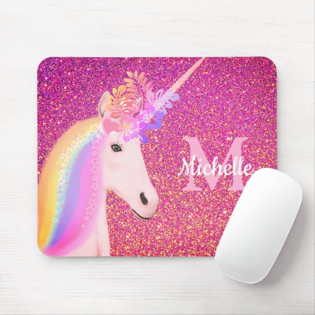 Cute Unicorn Pink Glitter Sparkle Personalized Mouse Pad (With Mouse)
