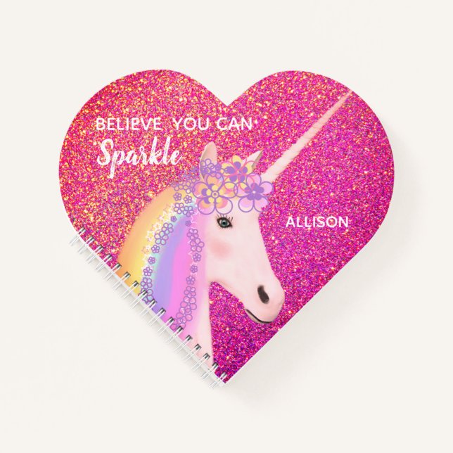 Cute Unicorn Pink Glitter Sparkle Personalized Notebook (Front)