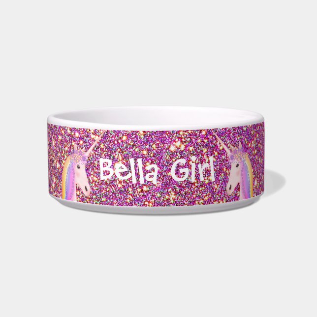 Cute Unicorn Pink Gold Glitter Personalized Pet  Bowl (Front)