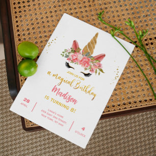 Cute Unicorn Pink Gold watercolor Birthday Party Invitation