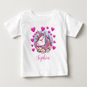 Cute Unicorn, Pink Hearts & Flowers, Custom Name Baby T-Shirt