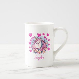 Cute Unicorn, Pink Hearts & Flowers, Custom Name Bone China Mug
