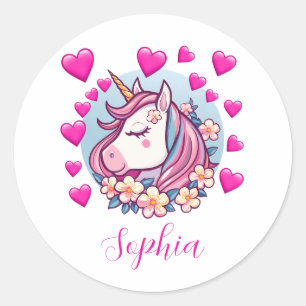Cute Unicorn, Pink Hearts & Flowers, Custom Name Classic Round Sticker