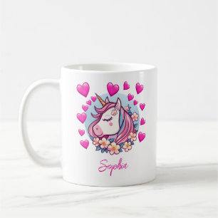 Cute Unicorn, Pink Hearts & Flowers, Custom Name Coffee Mug