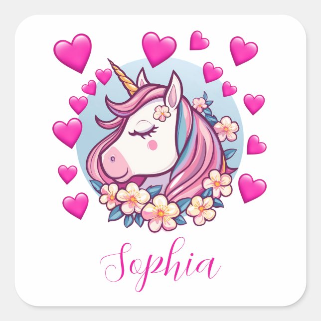 Cute Unicorn, Pink Hearts & Flowers, Custom Name Square Sticker (Front)