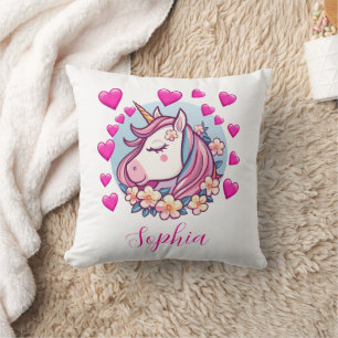 Cute Unicorn, Pink Hearts & Flowers, Custom Name Throw Pillow