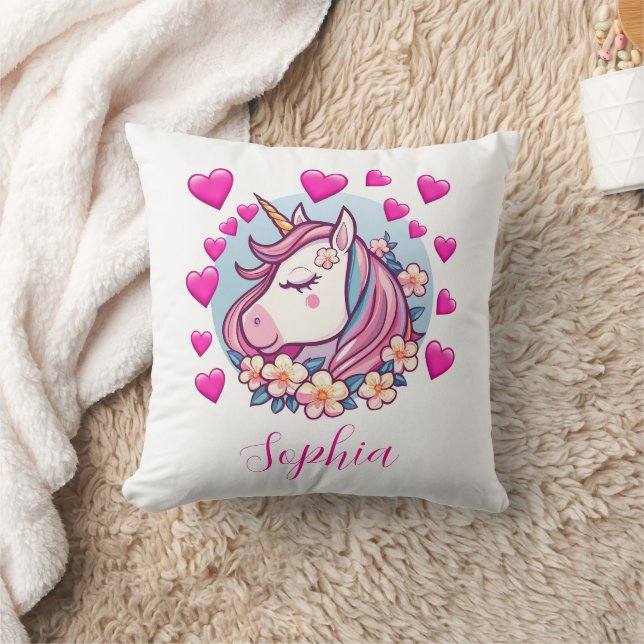 Cute Unicorn, Pink Hearts & Flowers, Custom Name Throw Pillow (Blanket)