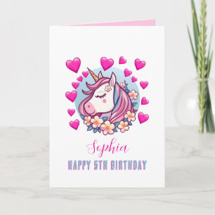 Cute Unicorn, Pink Hearts, Name Any Age Birthday Card
