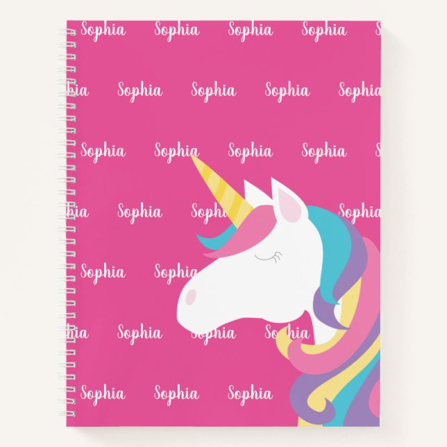 Cute Unicorn Pink Personalized Kids Notebook (Front)