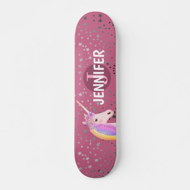 Cute Unicorn Pink Rose Fantasy Stars Personalized Skateboard (Front)