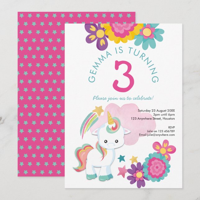 Cute Unicorn Pink Teal Girl 3rd Birthday Party Invitation (Front/Back)