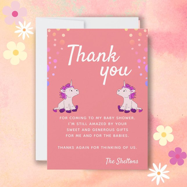 Cute Unicorn Pink Twins Girls Baby Shower Thank You Card (Creator Uploaded)