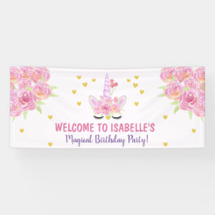 Cute Unicorn Pink Watercolor Florals Birthday Banner