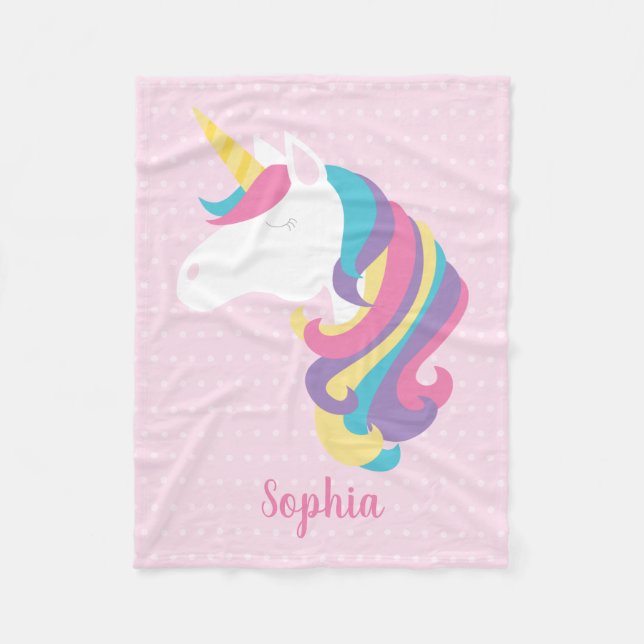 Cute Unicorn Polka Dot Personalized Fleece Blanket (Front)