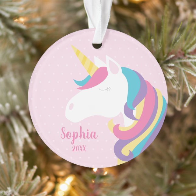 Cute Unicorn Polka Dot Personalized Girl Ornament (Tree)