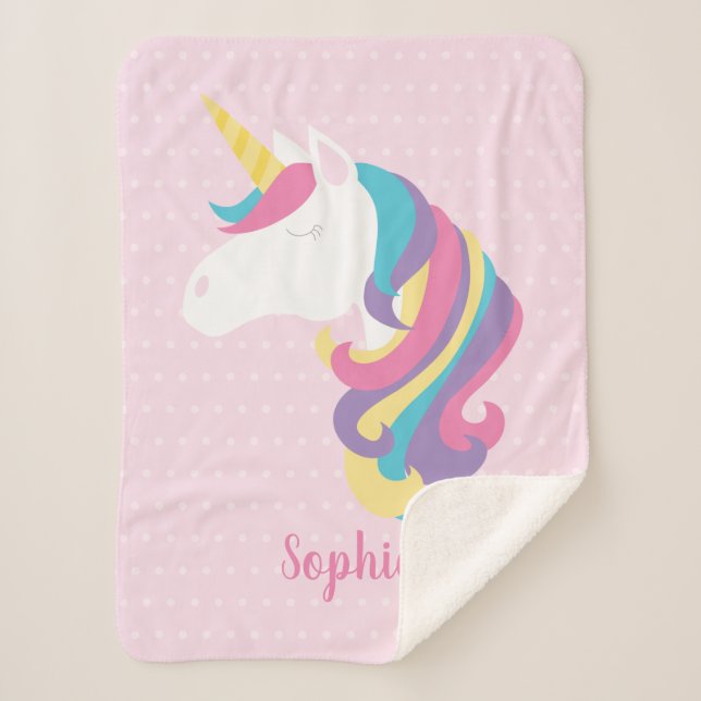 Cute Unicorn Polka Dot Personalized Sherpa Blanket (Front)