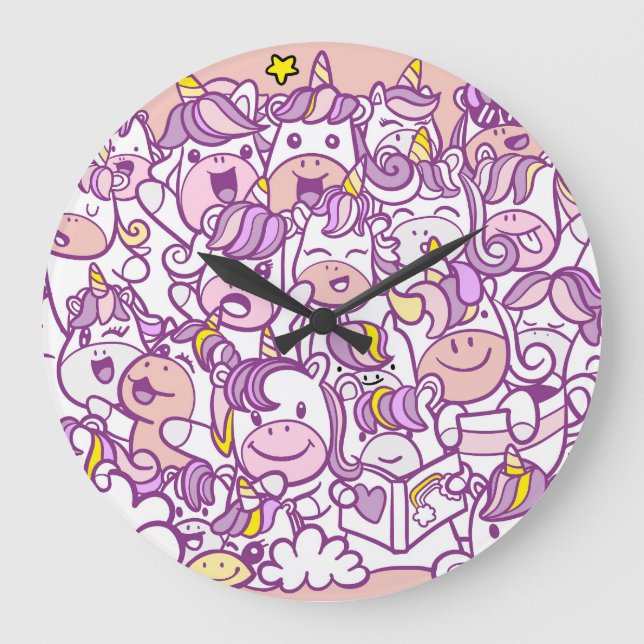 Cute Unicorn Pony: Magic Doodle Collection Large Clock (Front)