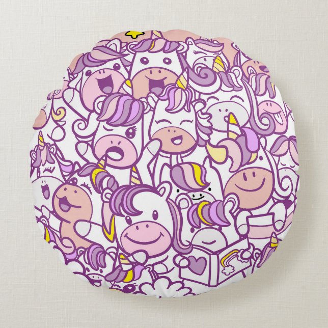Cute Unicorn Pony: Magic Doodle Collection Round Pillow (Front)