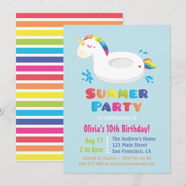 Cute Unicorn Pool Float Kids Summer Birthday Party Invitation (Front/Back)