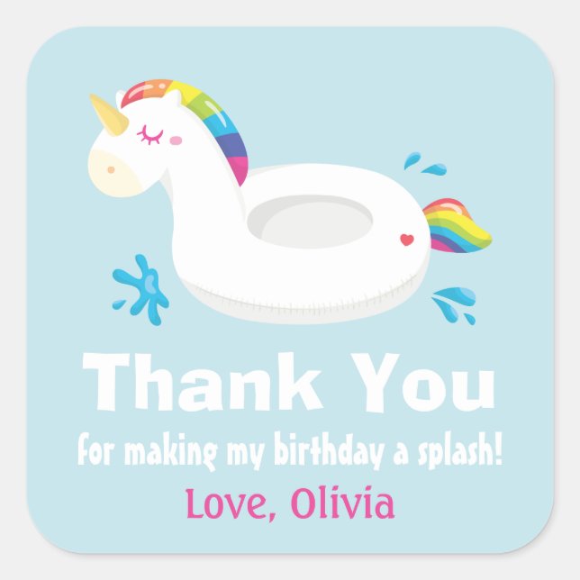 Cute Unicorn Pool Float Thank You Stickers (Front)