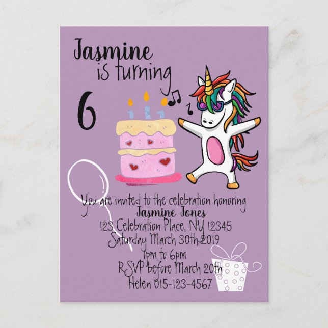 Cute Unicorn Purple Birthday Invitation Postcard (Front)