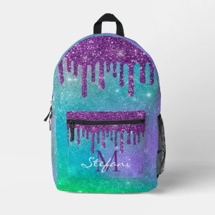Cute Unicorn Purple Drips faux glitter monogram Printed Backpack