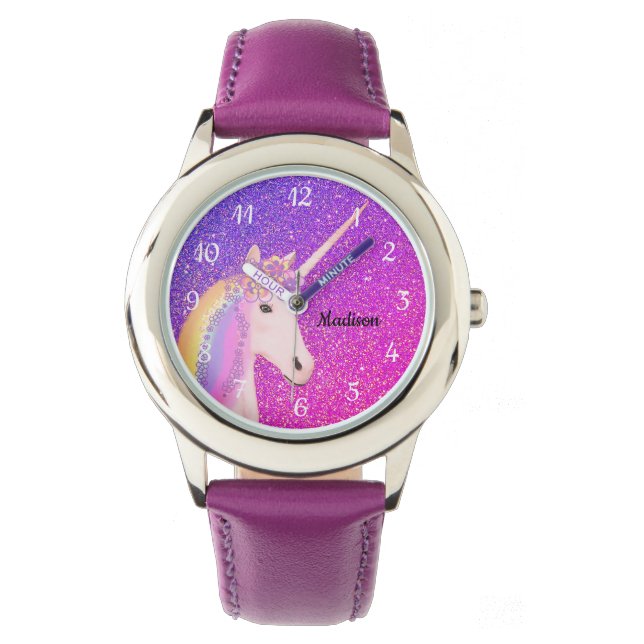 Cute Unicorn Purple Pink Glitter Ombre Custom Name Watch (Front)