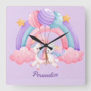 Cute Unicorn Rainbow Colorful Kids Personalized Square Wall Clock