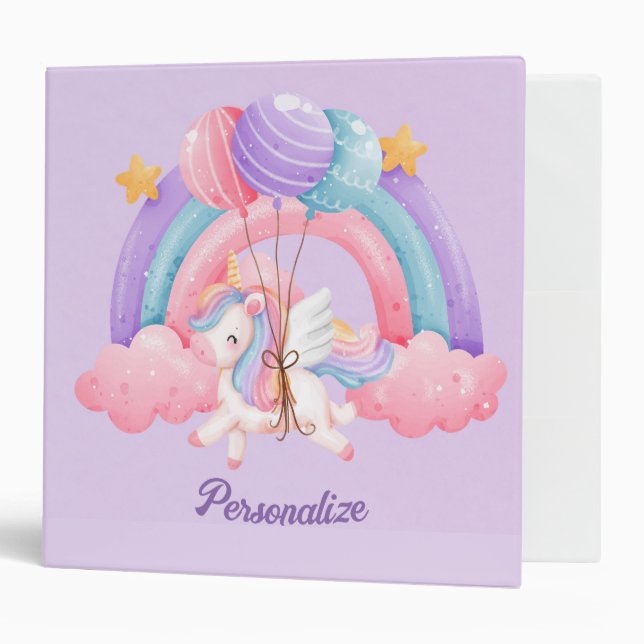 Cute Unicorn Rainbow Colourful Kids Personalized Binder (Front/Inside)