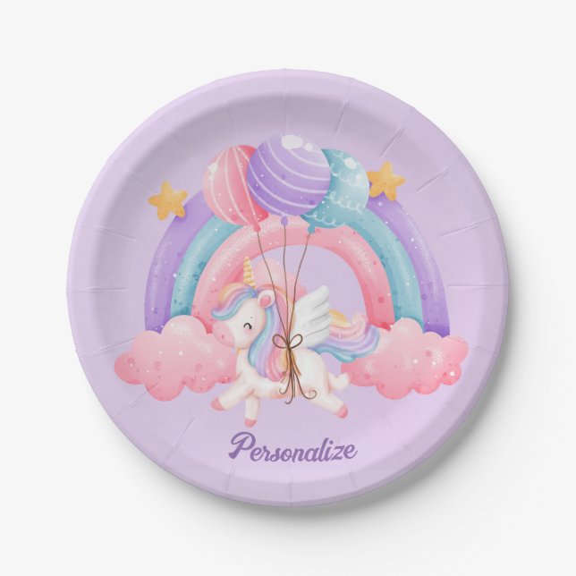 Cute Unicorn Rainbow Colourful Kids Personalized Paper Plate (Front)