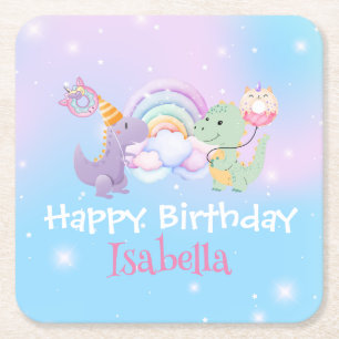 Cute Unicorn Rainbow Dino Donut balloon Birthday  Square Paper Coaster