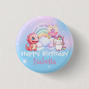 Cute Unicorn Rainbow Dino Doughnut balloon Birthda 1 Inch Round Button