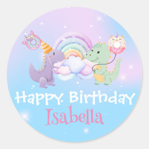 Cute Unicorn Rainbow Dino Doughnut balloon Birthda Classic Round Sticker